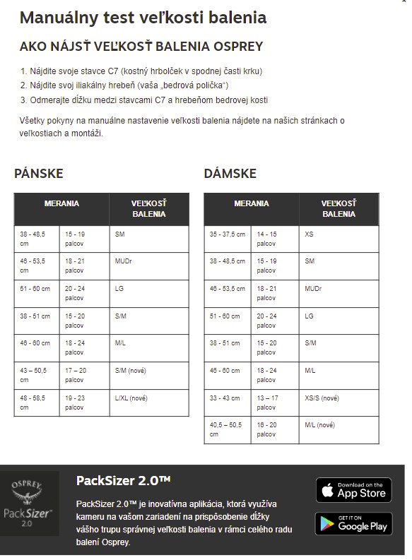 Osprey tabulka velikostí SK